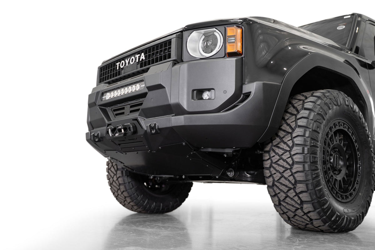 Low angle view of ADD Land Cruiser 250 Stealth winch front bumper
