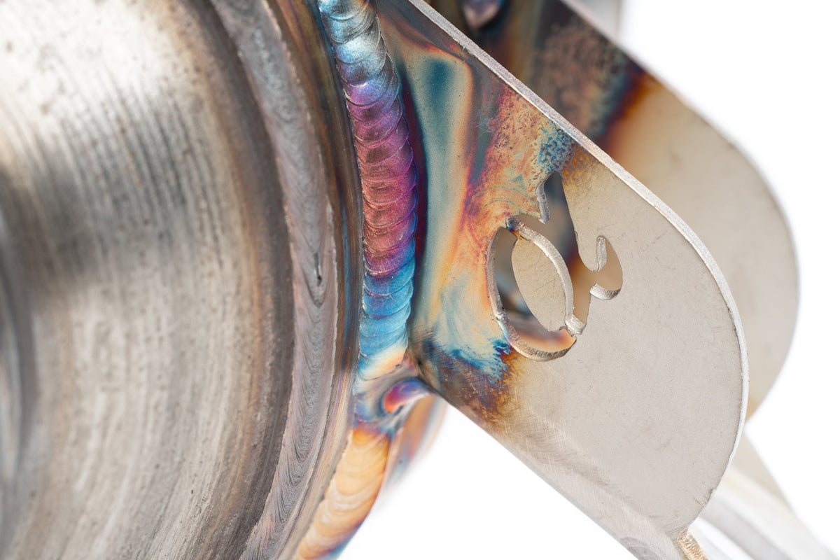 AMS Performance VR30DDTT Street Lower Downpipe bracket detail